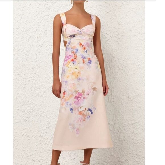 Zimmermann Pastel Floral Linen Cut Out Dress - Picture 1 of 12